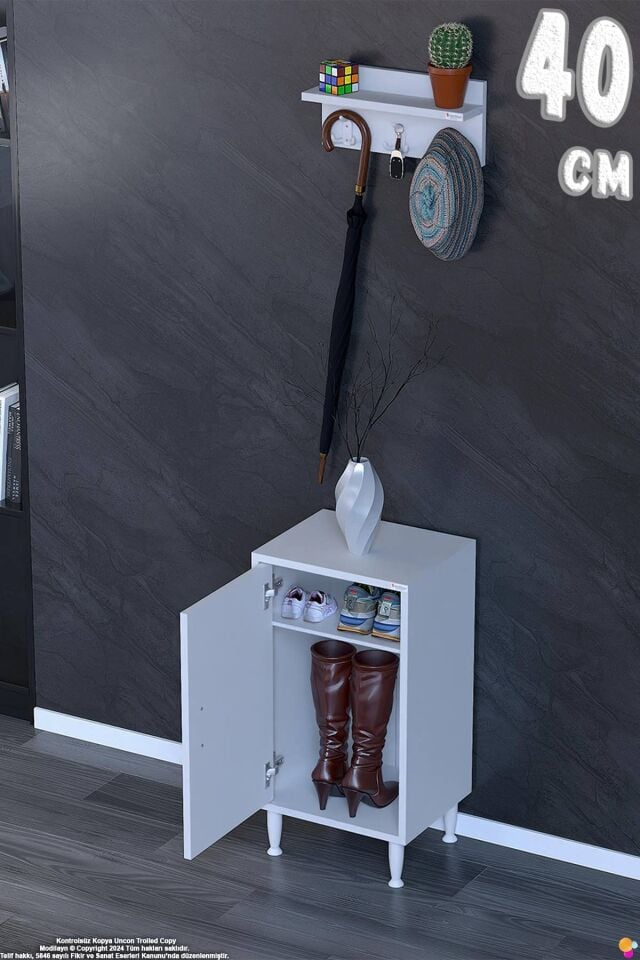 Çiçek 40 cm Duvara Monte Askılıklı Ayakkabılık 1 Kapaklı Raflı Antre Dolabı - Beyaz (40x75x32,5 cm)