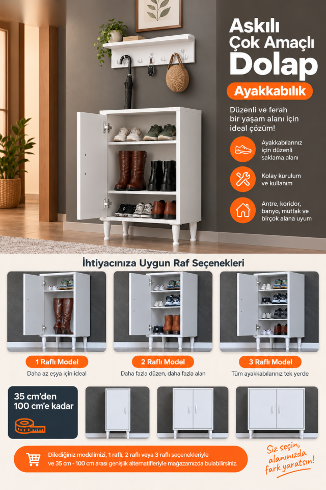 Çiçek 50 cm Duvara Monte Askılıklı Ayakkabılık 1 Kapaklı Raflı Antre Dolabı - Beyaz (50x75x32,5 cm)