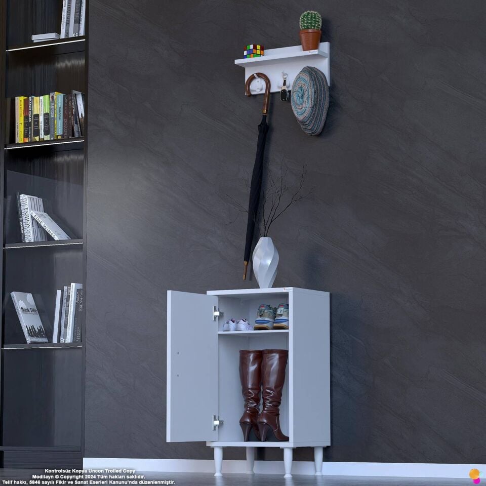 Çiçek 50 cm Duvara Monte Askılıklı Ayakkabılık 1 Kapaklı Raflı Antre Dolabı - Beyaz (50x75x32,5 cm)