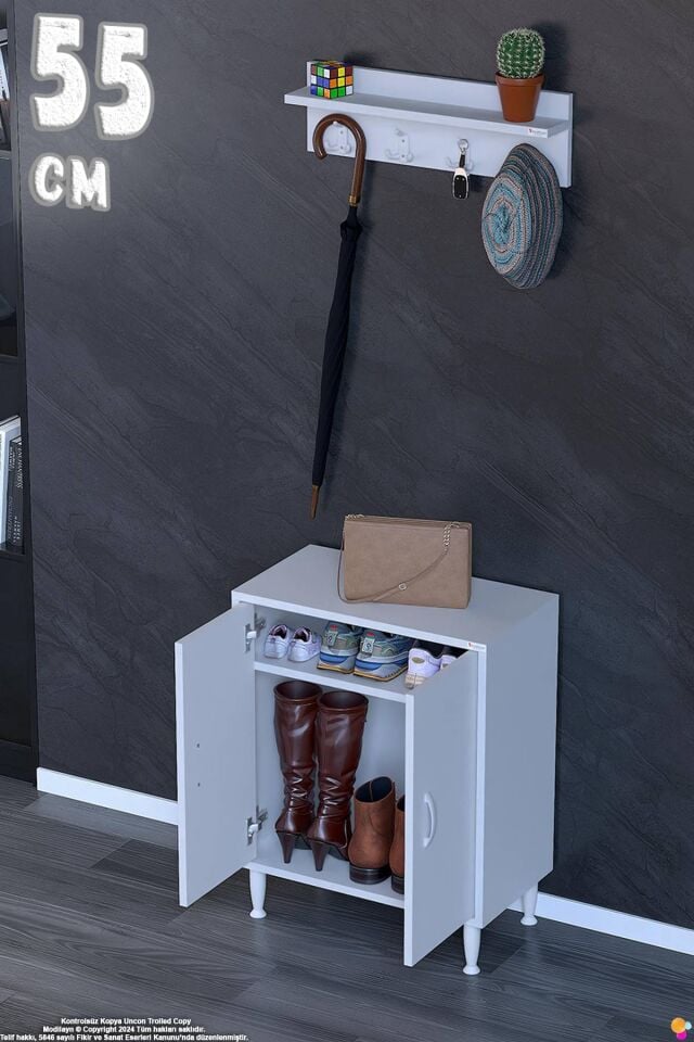 Çiçek 55 cm Duvara Monte Askılıklı Ayakkabılık 2 Kapaklı Raflı Antre Dolabı - Beyaz (55x75x32,5 cm)