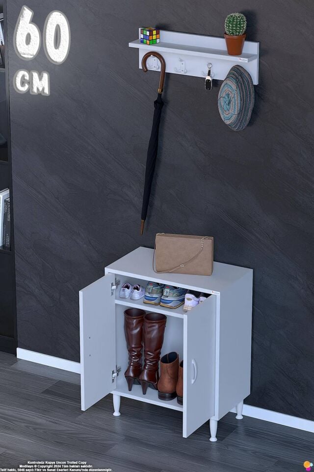 Çiçek 60 cm Duvara Monte Askılıklı Ayakkabılık 2 Kapaklı Raflı Antre Dolabı - Beyaz (60x75x32,5 cm)