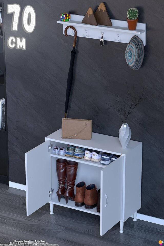 Çiçek 70 cm Duvara Monte Askılıklı Ayakkabılık 2 Kapaklı Raflı Antre Dolabı - Beyaz (70x75x32,5 cm)