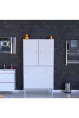 Wall Beyaz Banyo Dolabı 90 cm Üç Göz Bölmeli Sepet 90x171x32,5 cm 4 Raflı Mutfak/Banyo Dolabı
