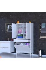 Wall Beyaz Banyo Dolabı 90 cm Üç Göz Bölmeli Sepet 90x171x32,5 cm 4 Raflı Mutfak/Banyo Dolabı