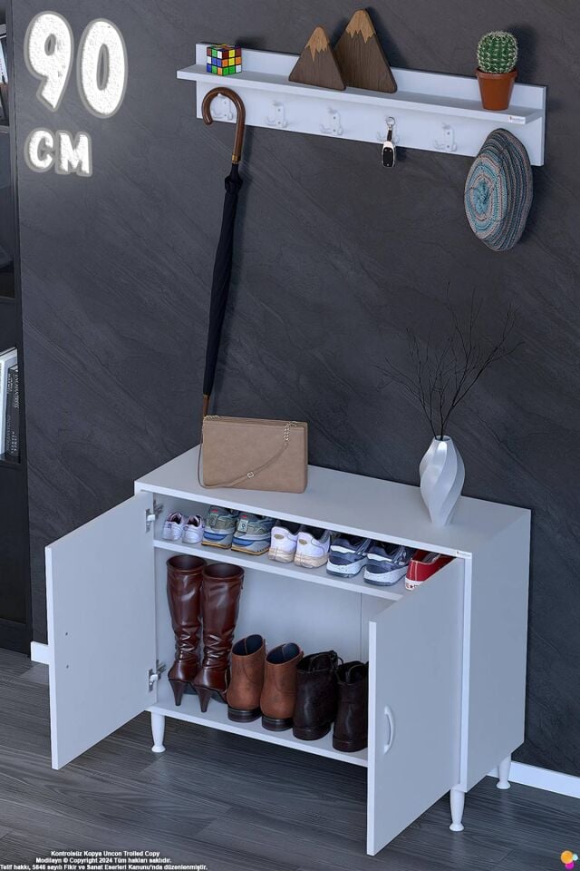 Çiçek 90 cm Duvara Monte Askılıklı Ayakkabılık 2 Kapaklı Raflı Antre Dolabı - Beyaz (90x75x32,5 cm)