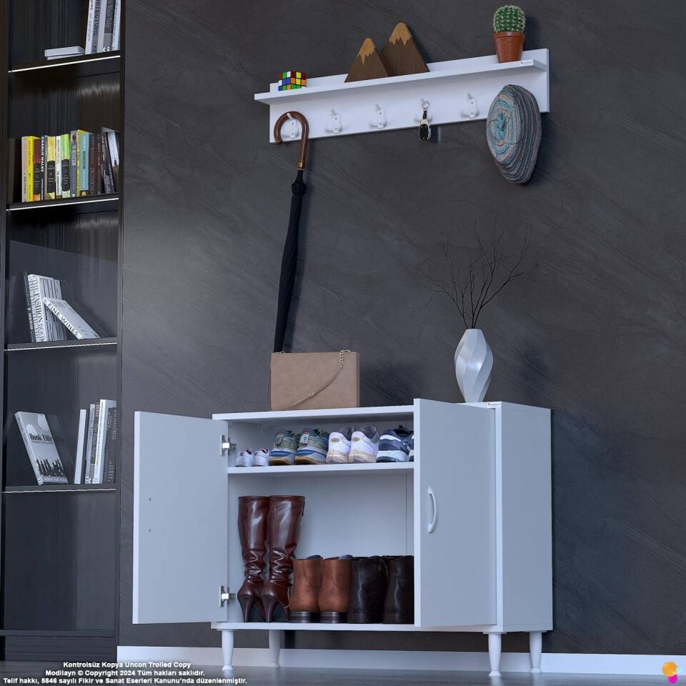 Çiçek 90 cm Duvara Monte Askılıklı Ayakkabılık 2 Kapaklı Raflı Antre Dolabı - Beyaz (90x75x32,5 cm)