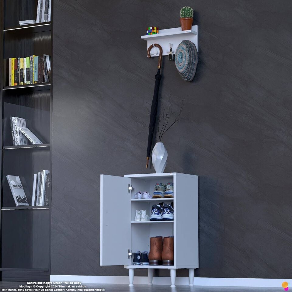 Ari 35 cm Askılıklı Kapaklı 2 Raflı Antre Dolabı Ayakkabılık-Beyaz (35x75x32,5 cm)