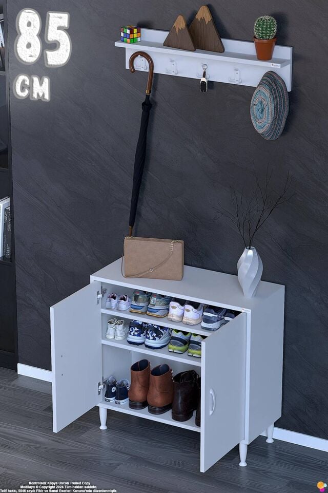 Ari 85 cm Askılıklı Kapaklı 2 Raflı Antre Dolabı Ayakkabılık-Beyaz (85x75x32,5 cm)