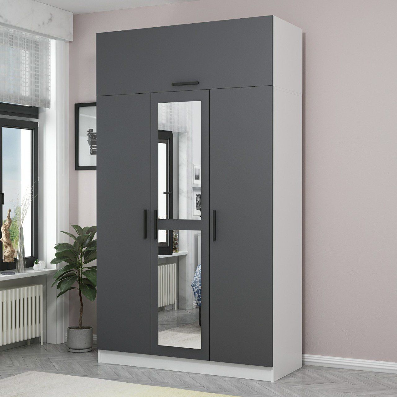 Minar Kale 3 Kapaklı 1 Aynalı 2 Ç Dolap Ve Yüklük Beyaz Antrasit