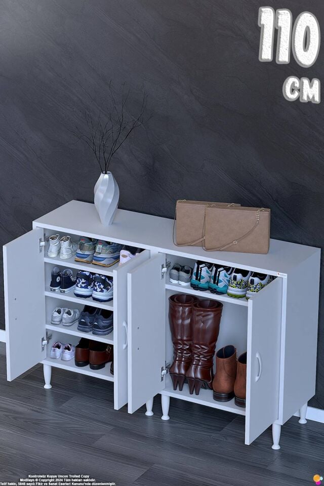 Esila 110 cm Geniş Antre Dolabı ve Çok Amaçlı Ayakkabılık - Beyaz (110x75x32,5 cm)