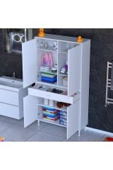 Line Beyaz 90 cm Banyo Dolabı Çok Bölmeli Banyo Düzenleyici Dolap 4 Kapaklı 4 Raflı 90x173x32,5 cm