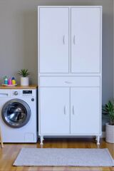 Line Beyaz 80 cm Banyo Dolabı Çok Bölmeli Banyo Düzenleyici Dolap 4 Kapaklı 4 Raflı 80x173x32,5 cm