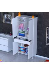 Line Beyaz 80 cm Banyo Dolabı Çok Bölmeli Banyo Düzenleyici Dolap 4 Kapaklı 4 Raflı 80x173x32,5 cm