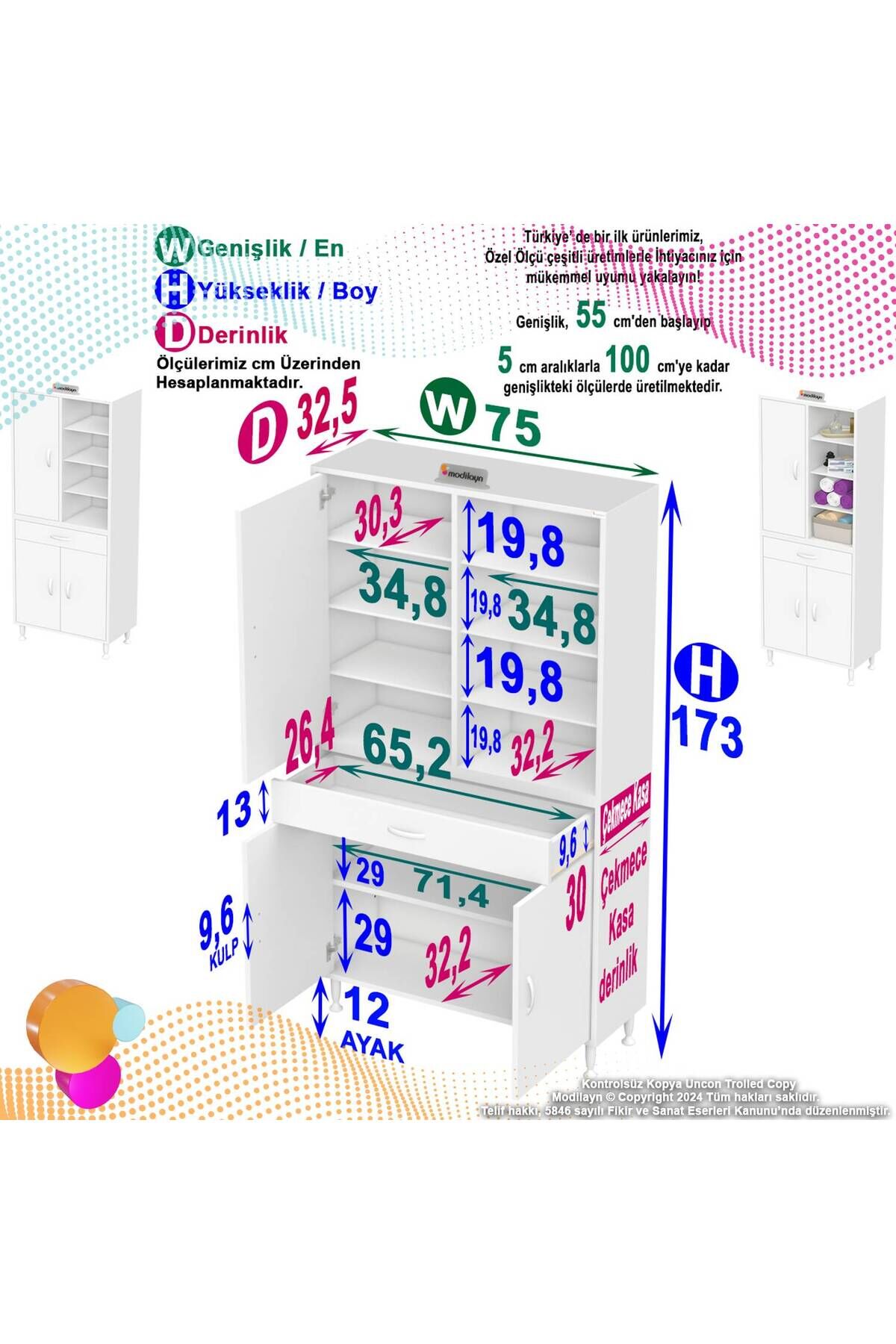Funci Beyaz Renk G:75 cm Banyo Dolabı 3 Kapaklı 7 Raflı Dolap 75x173x32,5 cm Boyutlarında Dolap