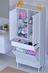 Pine 85 cm Genişlikte Dolap 85x171x32,5 cm Banyo/Mutfak Dolabı İki Kapaklı Sepetli Dolap