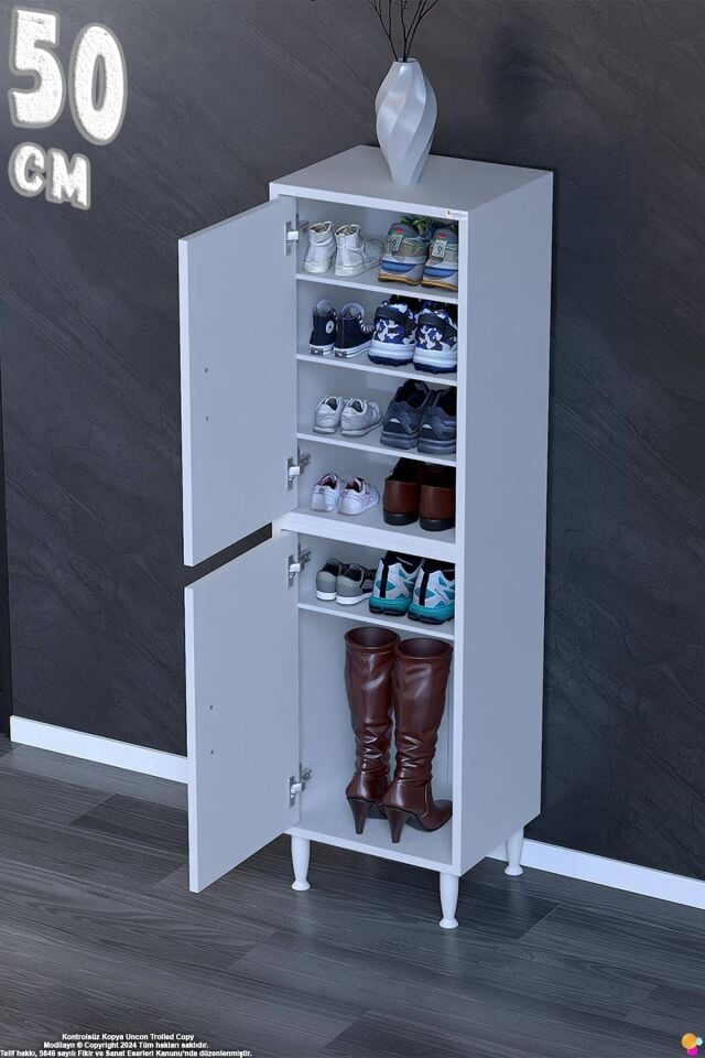 Sena 50 cm 1 Kapaklı Çok Amaçlı Dikey Dolap ve Yüksek Antre Ayakkabılık - Beyaz (50x138x32,5 cm)