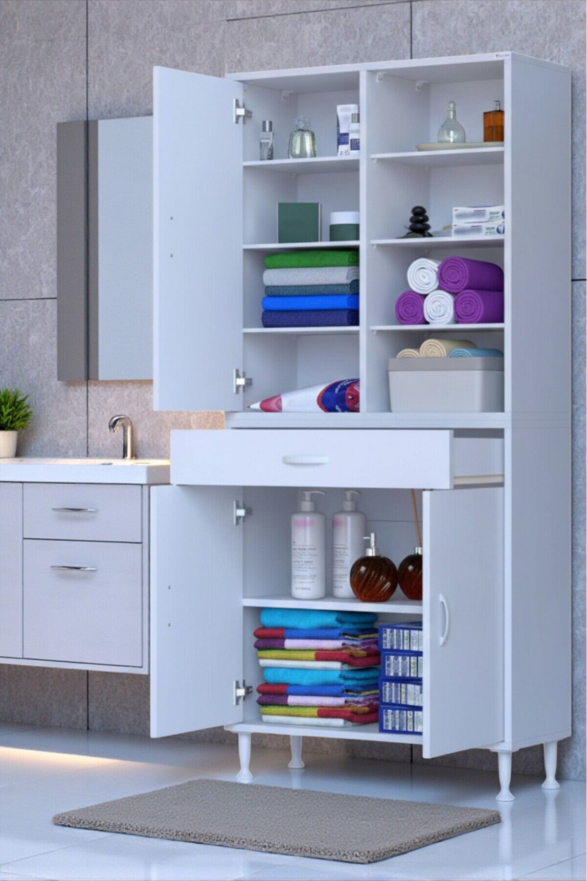 Funci Beyaz Renk G:80 cm Banyo Dolabı 3 Kapaklı 7 Raflı Dolap 80x173x32,5 cm Boyutlarında Dolap