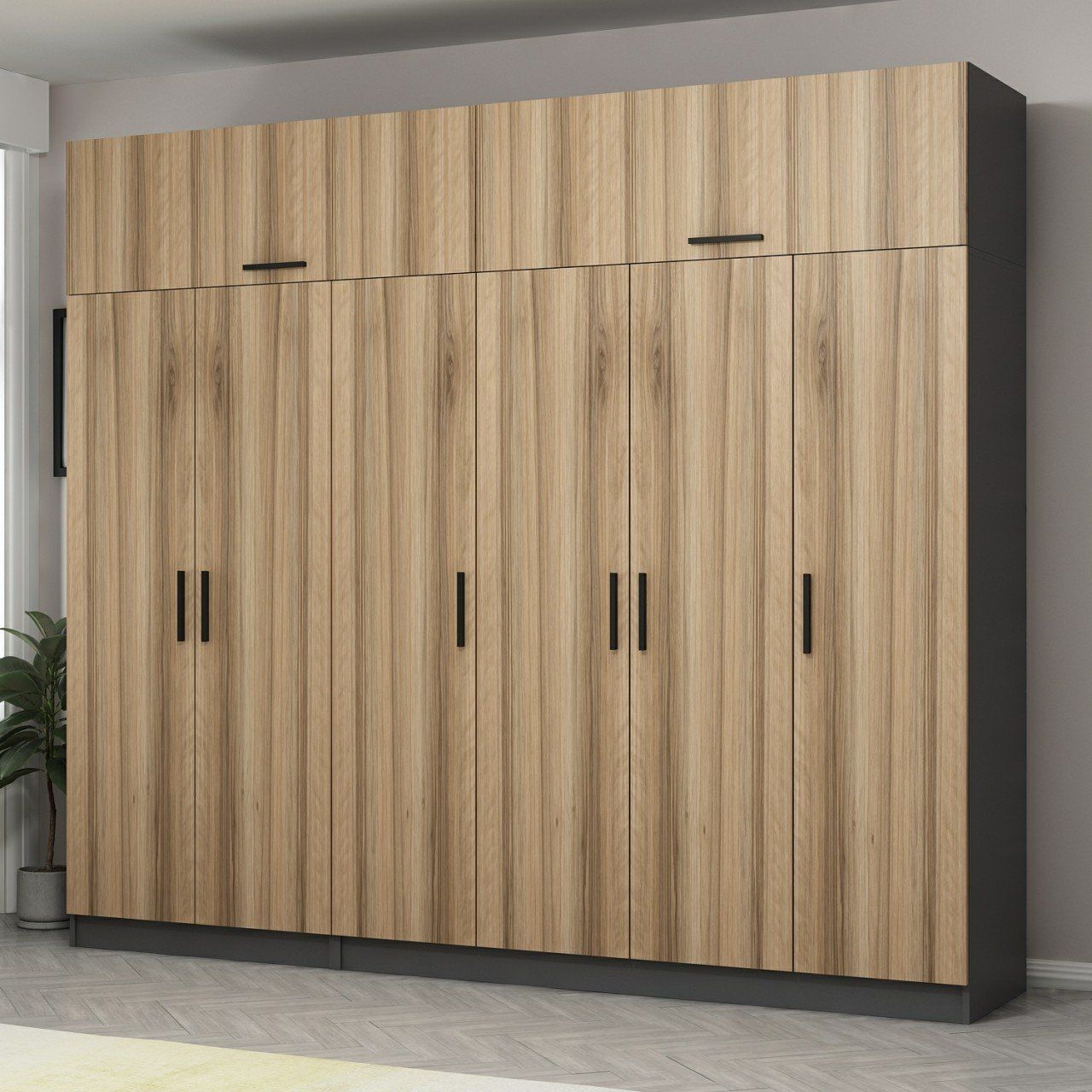 Minar Kale 6 Kapaklı 2 Çekmeceli Dolap Ve Yüklük Antrasit Dore