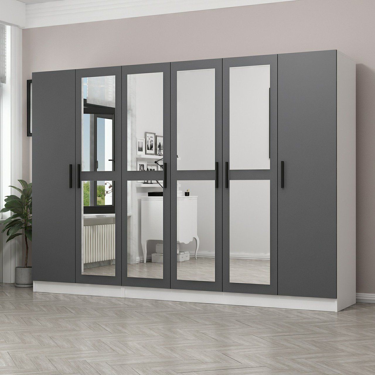 Minar Kale 6 Kapaklı 4 Aynalı 2 Çekmeceli Dolap Beyaz Antrasit