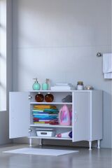 Sabir 90 cm 2 Raflı Beyaz Banyo Mutfak Dolabı 3 Bölmeli Çok Amaçlı Dolap 90x75x32,5 cm Düzenleyici