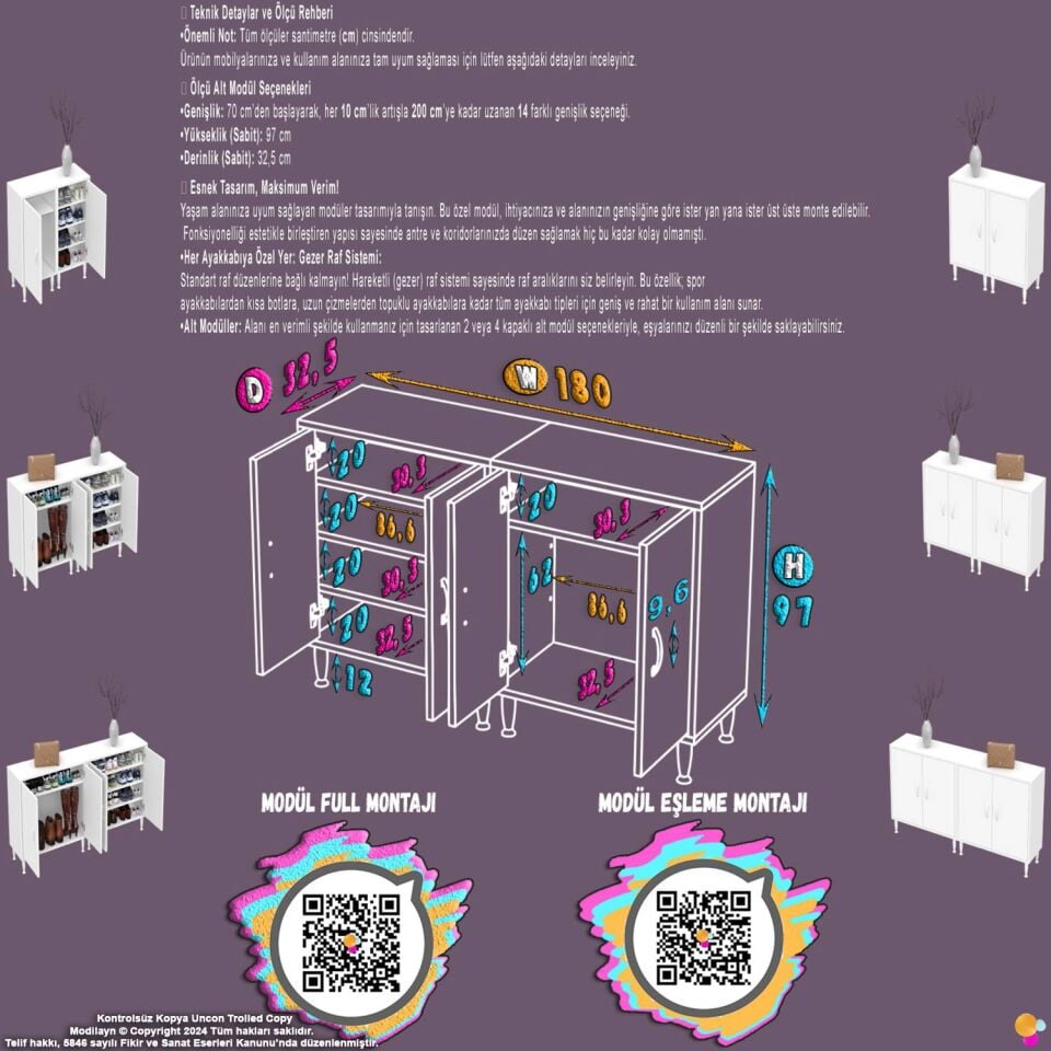 Nilay 180 cm Genişlikte Antre Dolabı ve Çok Amaçlı Ayakkabılık - Beyaz (180x97x32,5 cm)