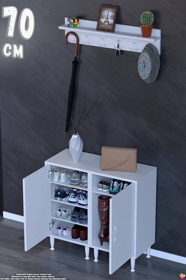 Alya 70 cm  Askılıklı Portmanto ve Çok Amaçlı Yüksek Ayakkabılık Dolabı - Beyaz (70x97x32,5 cm)