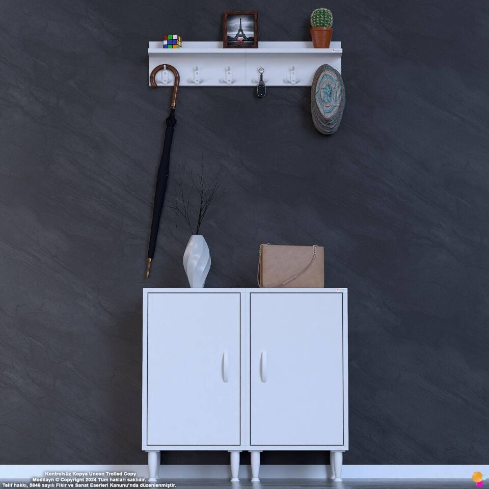 Alya 70 cm  Askılıklı Portmanto ve Çok Amaçlı Yüksek Ayakkabılık Dolabı - Beyaz (70x97x32,5 cm)