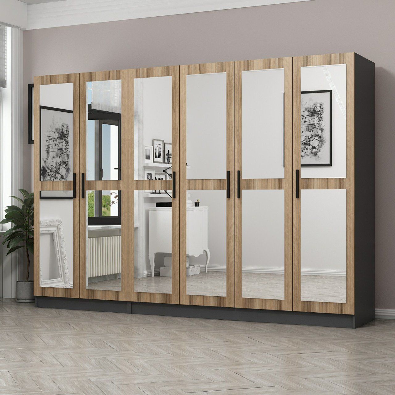 Minar Kale 6 Kapaklı 6 Aynalı 2 Çekmeceli Dolap Antrasit Dore