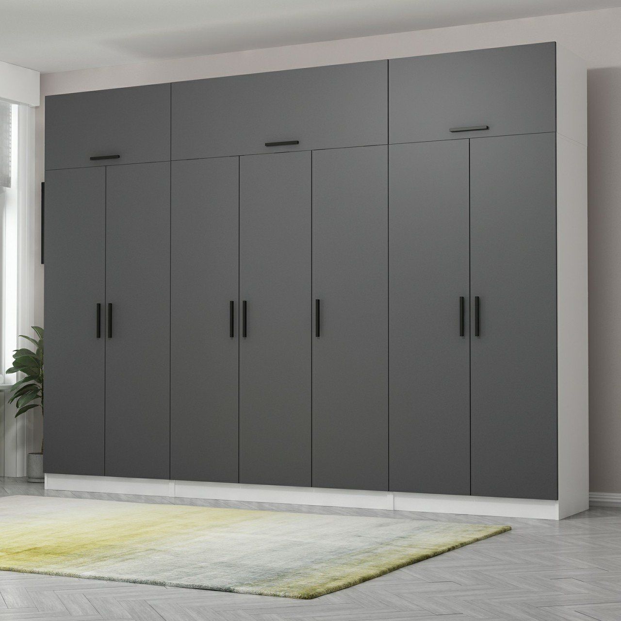 Minar Kale 7 Kapaklı 2 Çekmeceli Dolap Ve Yüklük Beyaz Antrasit