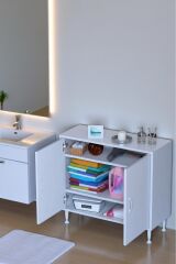 Sabir 80 cm 2 Raflı Beyaz Banyo Mutfak Dolabı 3 Bölmeli Çok Amaçlı Dolap 80x75x32,5 cm Düzenleyici