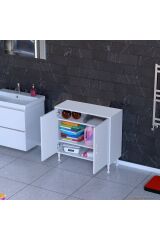 Sabir 80 cm 2 Raflı Beyaz Banyo Mutfak Dolabı 3 Bölmeli Çok Amaçlı Dolap 80x75x32,5 cm Düzenleyici