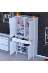 Luma Kapaklı & Çekmeceli Banyo Dolabı 90 cm Genişlikte Beyaz Dolap 90x173x32,5 cm Depolama Dolabı