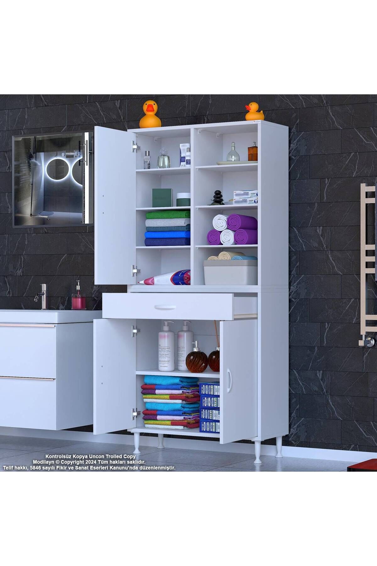 Funci Beyaz Renk G:85 cm Banyo Dolabı 3 Kapaklı 7 Raflı Dolap 85x173x32,5 cm Boyutlarında Dolap