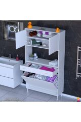 Seris Sepetli ve Çekmeceli Banyo Dolabı G:95 cm Çok Amaçlı Beyaz Düzenleyici 95x173x32,5 cm Dolap