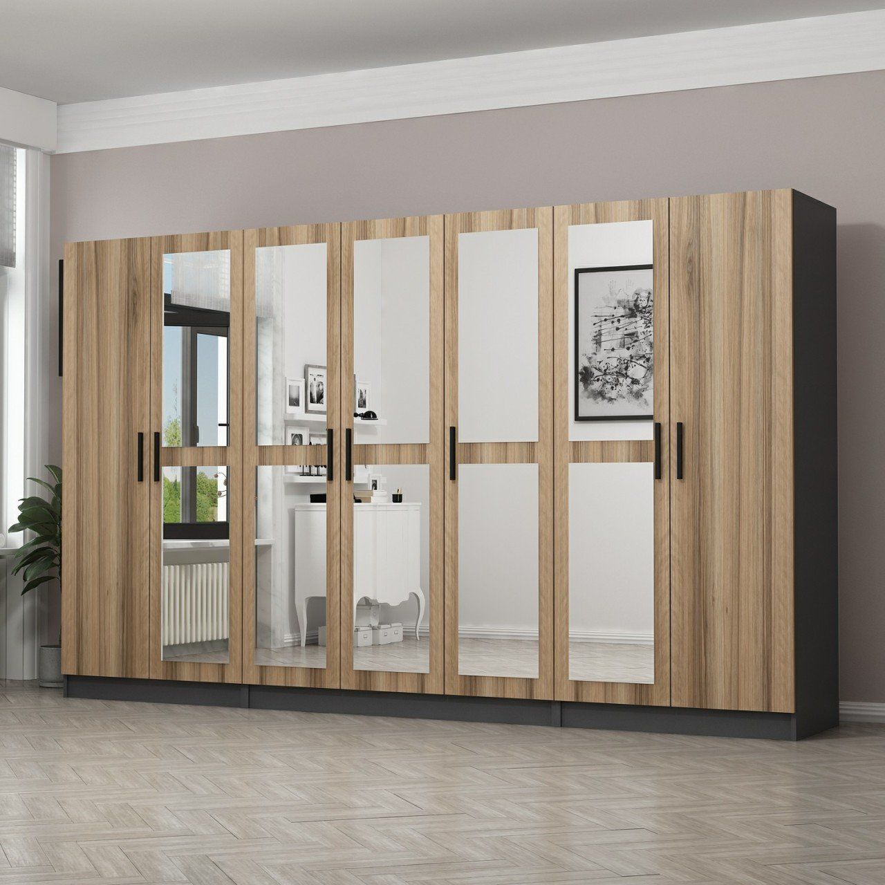 Minar Kale 7 Kapaklı 5 Aynalı 2 Çekmeceli Dolap Antrasit Dore