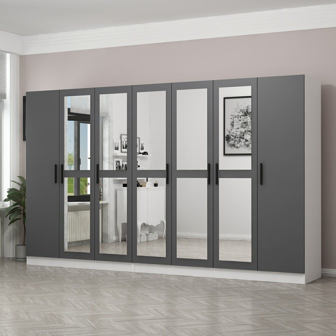 Minar Kale 7 Kapaklı 5 Aynalı 4 Çekmeceli Dolap Beyaz Antrasit