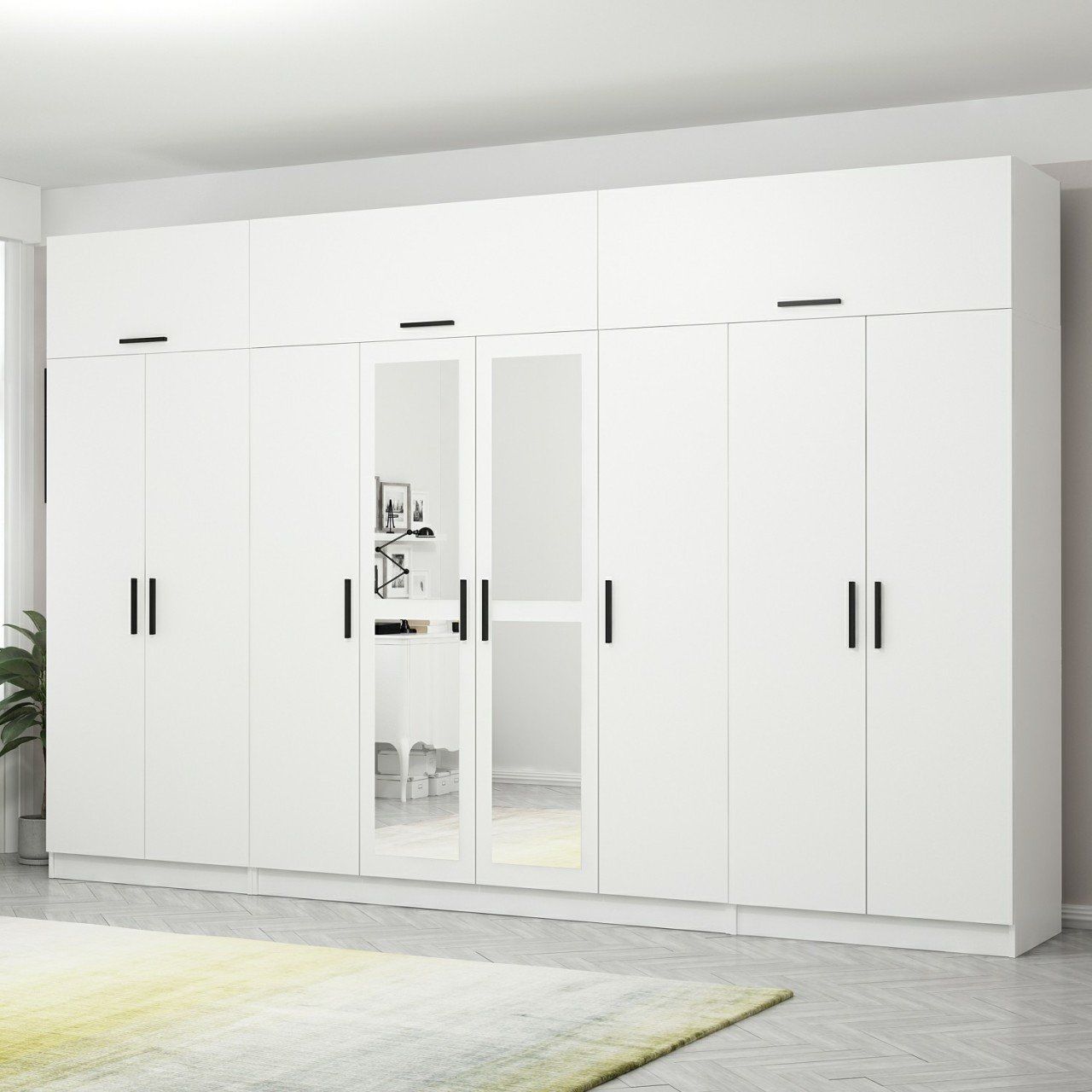 Minar Kale 8 Kapaklı 2 Aynalı 2 Çekmeceli Dolap Ve Yüklük Beyaz